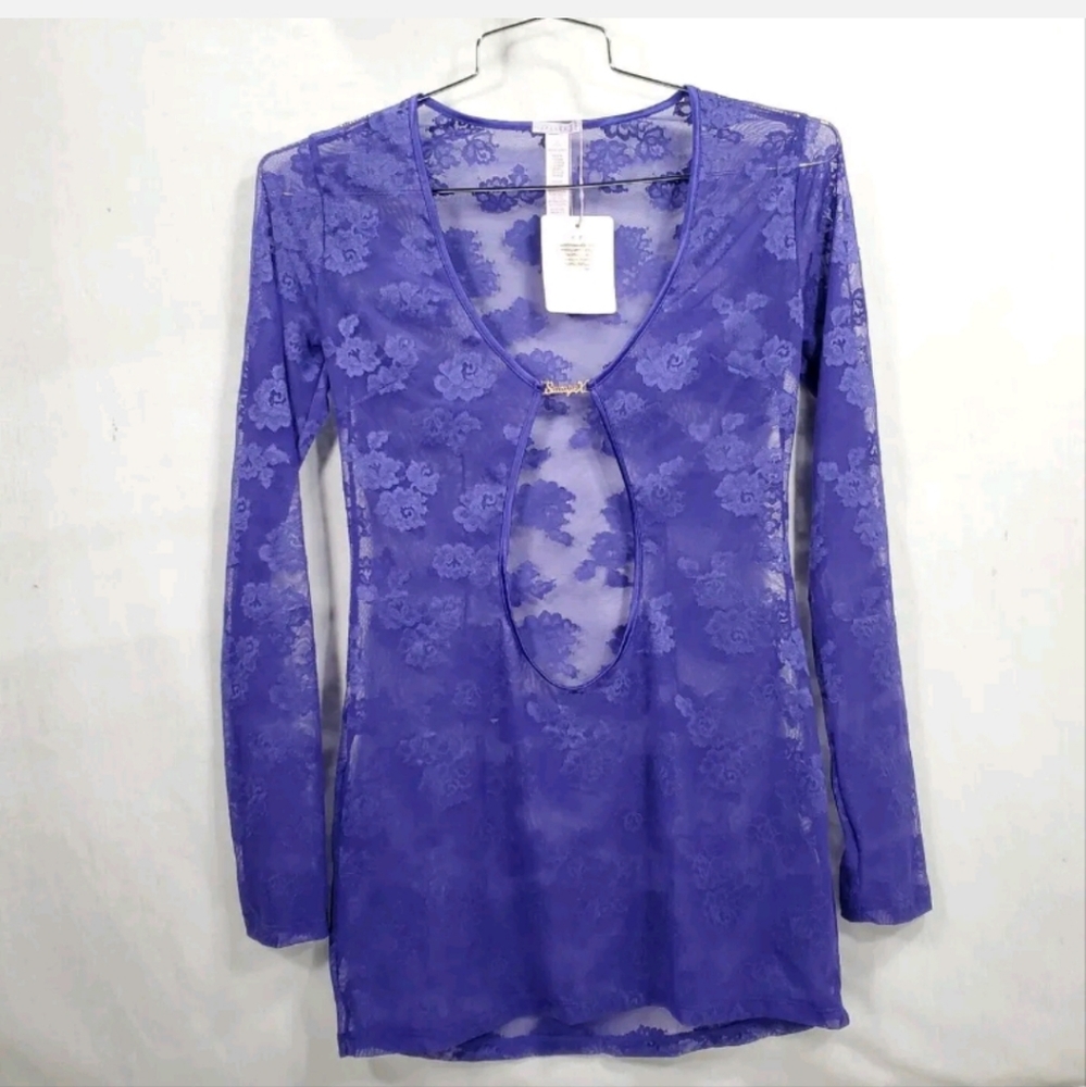 Savage XFenty Sheer Lace Slip NWT Medium Purple Sexy Rihanna Mini Dress Lingerie